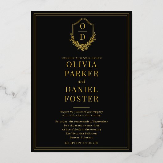 Elegant Crest Black Gold Minimalist Wedding Folie Uitnodiging (Voorkant)