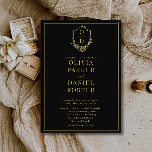 Elegant Crest Black Gold Minimalist Wedding Folie Uitnodiging