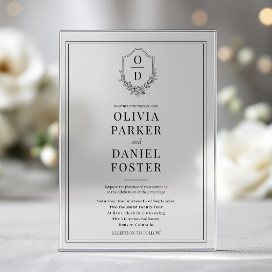 Elegant Crest Black & White Modern Wedding Acryl Uitnodigingen