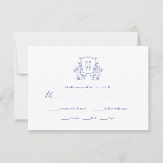 Elegant Crest | Blauw en Wit Bruiloft Maaltijd Keu RSVP Kaartje (Voorkant)