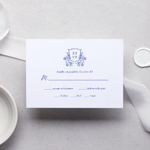Elegant Crest   Blauw en Wit Bruiloft Maaltijd Keu RSVP Kaartje