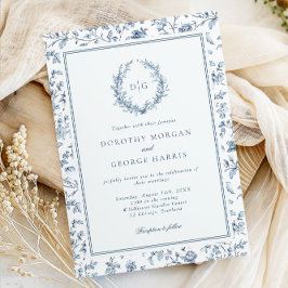 Elegant Crest Blue Chinoiserie Wedding Kaart