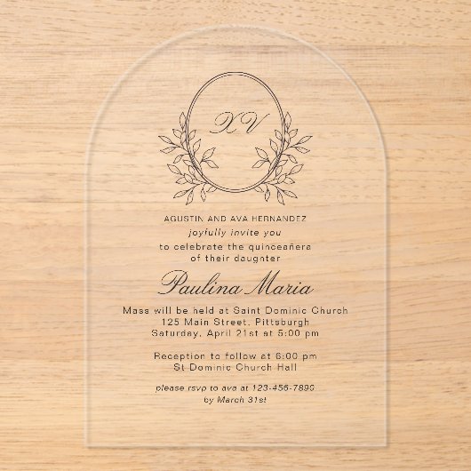 Elegant Crest Formal Quinceañera Acryl Uitnodigingen (Voorkant)