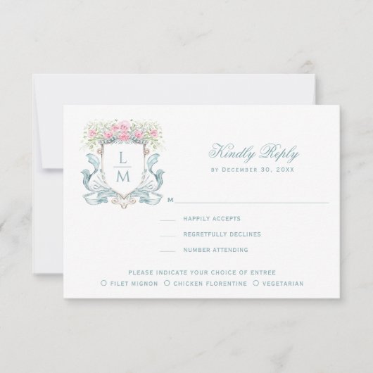 Elegant Crest met Rozen RSVP Response Kaart (Voorkant)