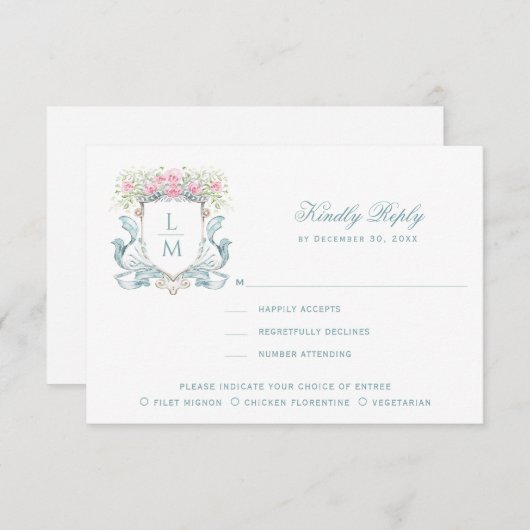 Elegant Crest met Rozen RSVP Response Kaart (Voorkant / Achterkant)