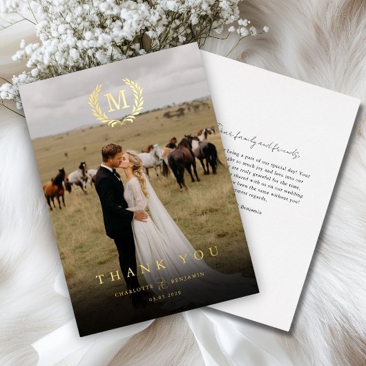 Elegant Crest Monogram 1 Foto Dank u bruiloft Folie Uitnodiging