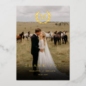 Elegant Crest Monogram 2 Foto Dank u bruiloft Folie Uitnodiging (Voorkant)