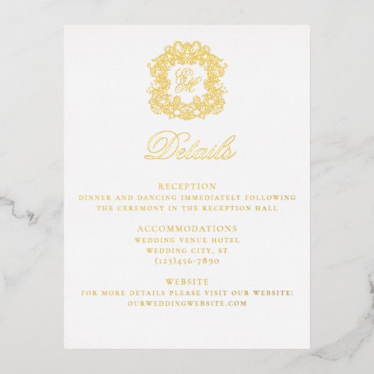 Elegant Crest Monogram Bruiloft Details Kaart (Voorkant)
