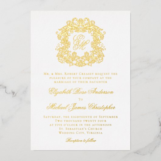 Elegant  Crest Monogram Bruiloft Goud Folie Uitnodiging (Voorkant)