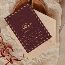 Elegant Crest Monogram Burgundy Gold Fall Wedding RSVP Kaartje