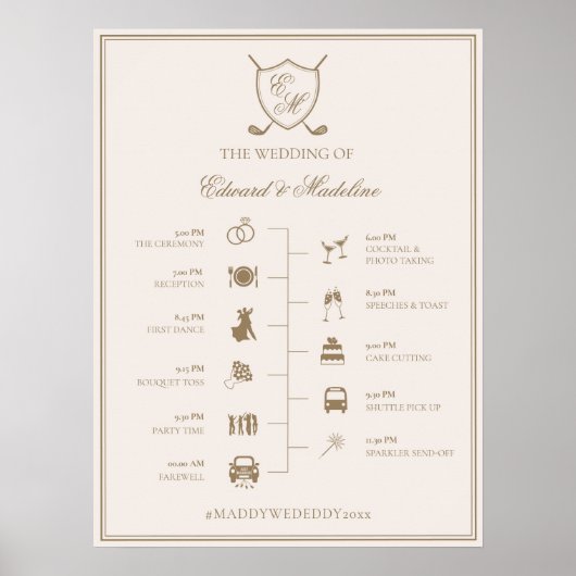Elegant Crest Monogram Golf Weddenschap Tijdschema Poster (Voorkant)