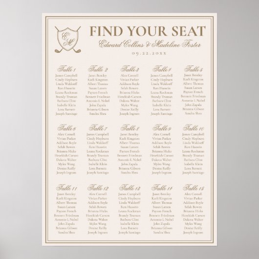 Elegant Crest Monogram Golf Wedding Seating Charts Poster (Voorkant)