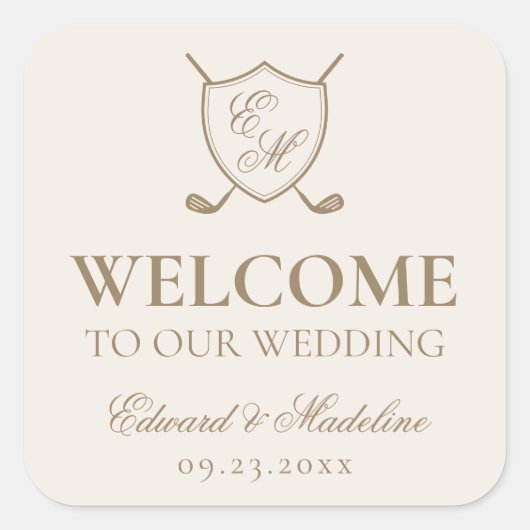 Elegant Crest Monogram Golf Wedding Welcome Bag Vierkante Sticker (Voorkant)