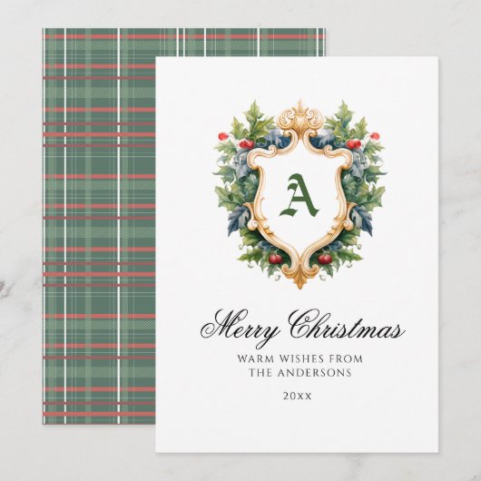 Elegant Crest Monogram Kerst Kaart (Voorkant / Achterkant)