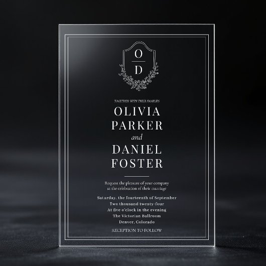 Elegant Crest Monogram Luxury Wedding Acryl Uitnodigingen