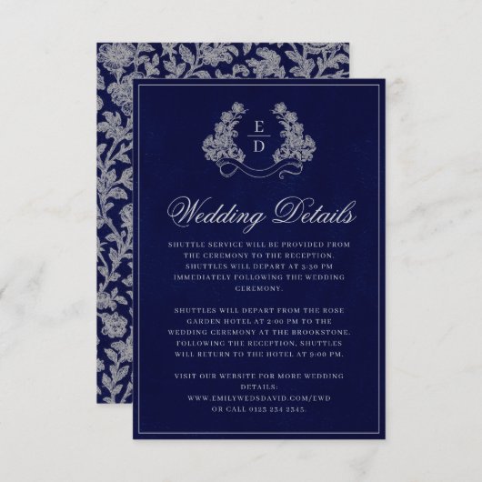 Elegant Crest Monogram Navy Heritage Wedding Informatiekaartje (Voorkant / Achterkant)