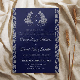 Elegant Crest Monogram Navy Heritage Wedding Kaart