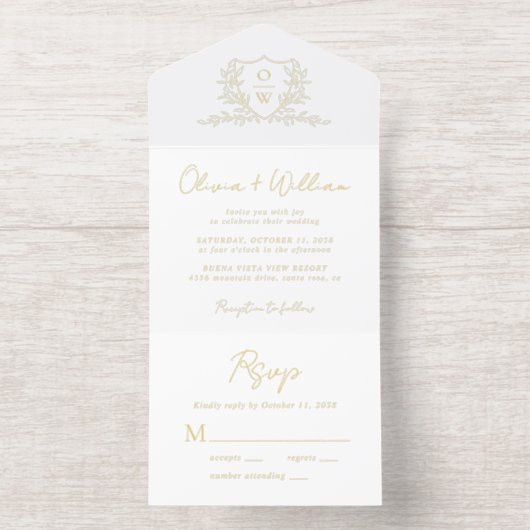 Elegant Crest Monogram Script Wedding All In One Uitnodiging (Binnenkant)