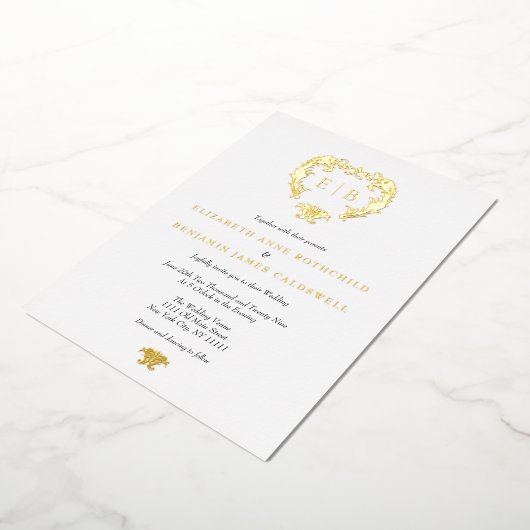 Elegant Crest Monogram Weddenschap Gold Folie Uitnodiging (Gedraaid)