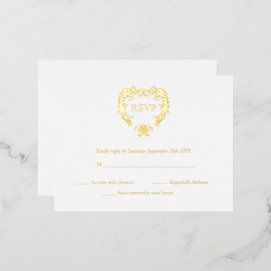 Elegant Crest Monogram Weddenschap Gold RSVP-kaart Folie Uitnodiging Briefkaart (Voorkant / Achterkant)