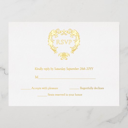 Elegant Crest Monogram Weddenschap Gold RSVP-kaart Folie Uitnodiging Briefkaart (Voorkant)