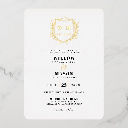Elegant Crest Monogram Wedding Folie Uitnodiging (Voorkant)