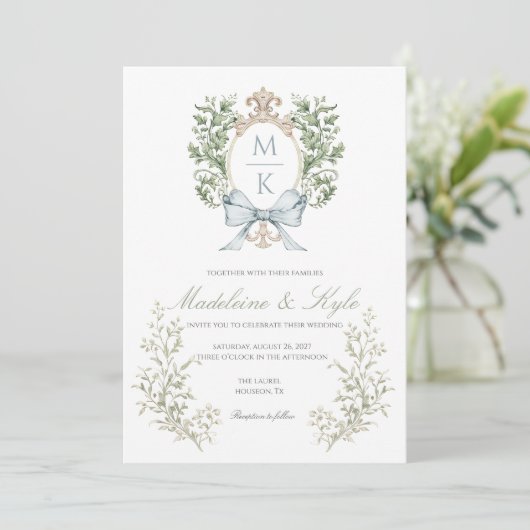 Elegant Crest Monogram Wedding Invitation Kaart (Staand voorkant)