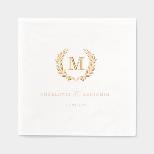 Elegant Crest Monogram Witte Huwelijk Folie Servetten (Voorkant)