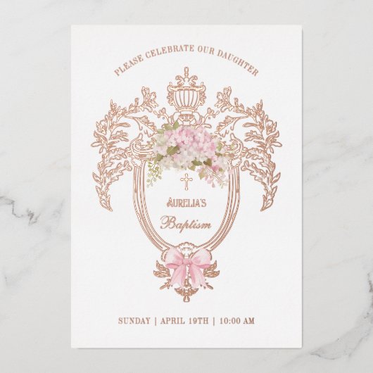 Elegant Crest Pink Bow Baptism Rose Gold Folie Uitnodiging (Voorkant)
