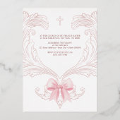 Elegant Crest Pink Bow Baptism Rose Gold Folie Uitnodiging (Achterkant)
