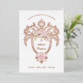 Elegant Crest Pink Bow Baptism Rose Gold Folie Uitnodiging (Staand Voorkant)