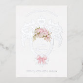 Elegant Crest Pink Bow Baptism Silver Folie Uitnodiging (Voorkant)
