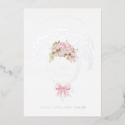 Elegant Crest Pink Bow Baptism Silver Folie Uitnodiging (Voorkant)