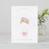 Elegant Crest Pink Bow Baptism Silver Folie Uitnodiging (Staand Voorkant)