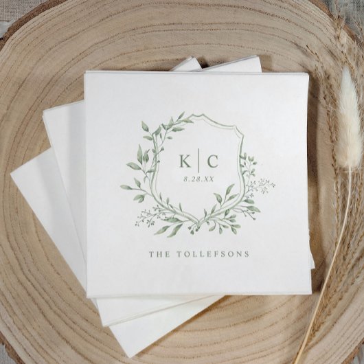 Elegant Crest Sage Watercolor Wedding Logo Servet