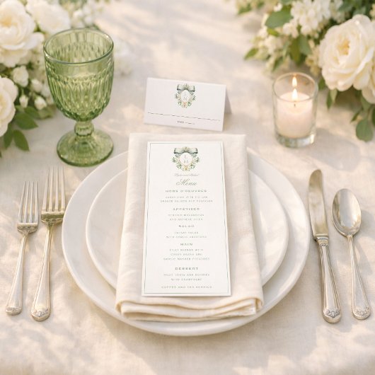 Elegant Crest w/ Sage Green Bow | Monogram Wedding Menu