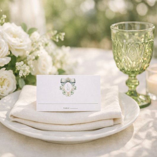 Elegant Crest w/ Sage Green Bow | Monogram Wedding Plaatskaartje