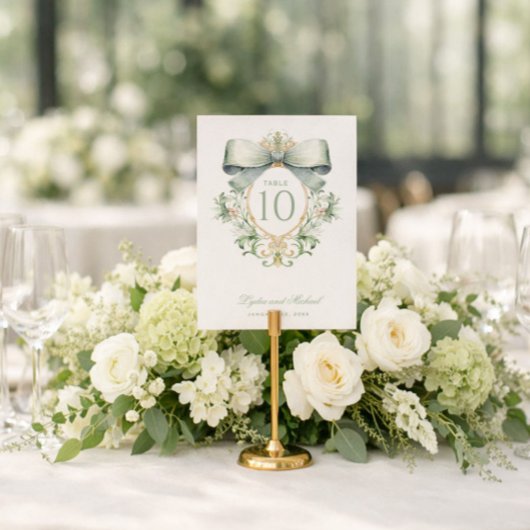 Elegant Crest with Sage Green Bow Table Number Notitiekaartje