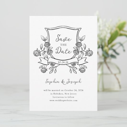 Elegant Crest | Zwart-wit en foto Save The Date (Staand voorkant)