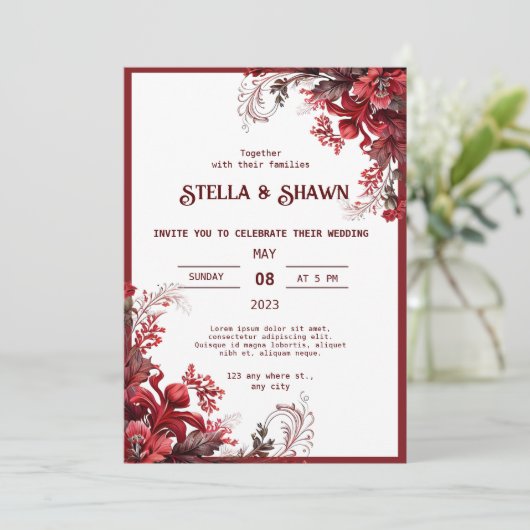 Elegant Crimson Blooms: A Love Blossom Uitnodiging (Staand voorkant)