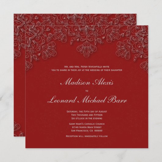 Elegant crimson floral swirls trouwuitnodiging kaart (Voorkant / Achterkant)