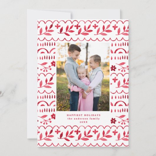 Elegant Crimson Folk Watercolor Christmas Photo Feestdagenkaart (Voorkant)