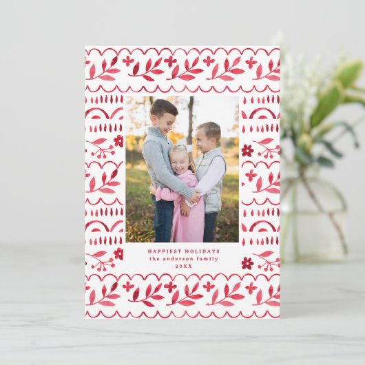 Elegant Crimson Folk Watercolor Christmas Photo Feestdagenkaart (Staand voorkant)