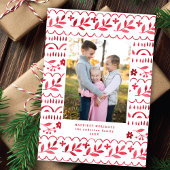 Elegant Crimson Folk Watercolor Christmas Photo Feestdagenkaart