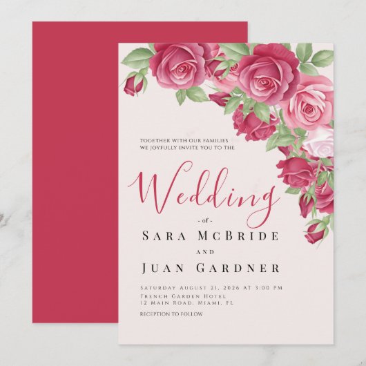 Elegant Crimson & Pink Roses Wedding Invitation Kaart (Voorkant / Achterkant)