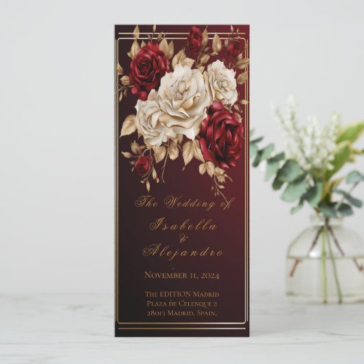 Elegant Crimson Red en Gold Wedding Programmakaart (Staand voorkant)