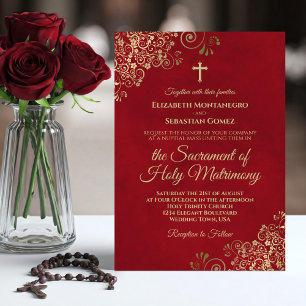 Elegant Crimson Red & Gold Modern katholieke bruil Kaart