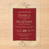 Elegant Crimson Red & Gold Stylish Text Wedding Acryl Uitnodigingen (Voorkant)