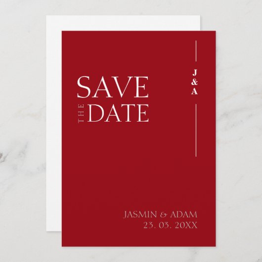 Elegant Crimson Red minimalistisch monogram bruilo Save The Date (Voorkant / Achterkant)