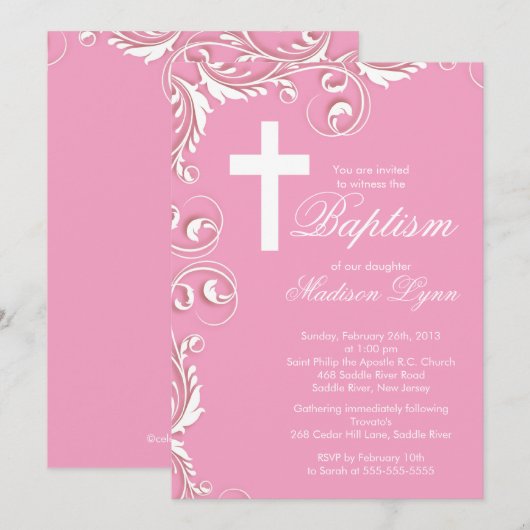 Elegant Cross Baby Girl Baptism Christening Kaart (Voorkant / Achterkant)